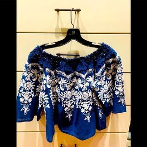 Navy blue Embroidered off shoulder